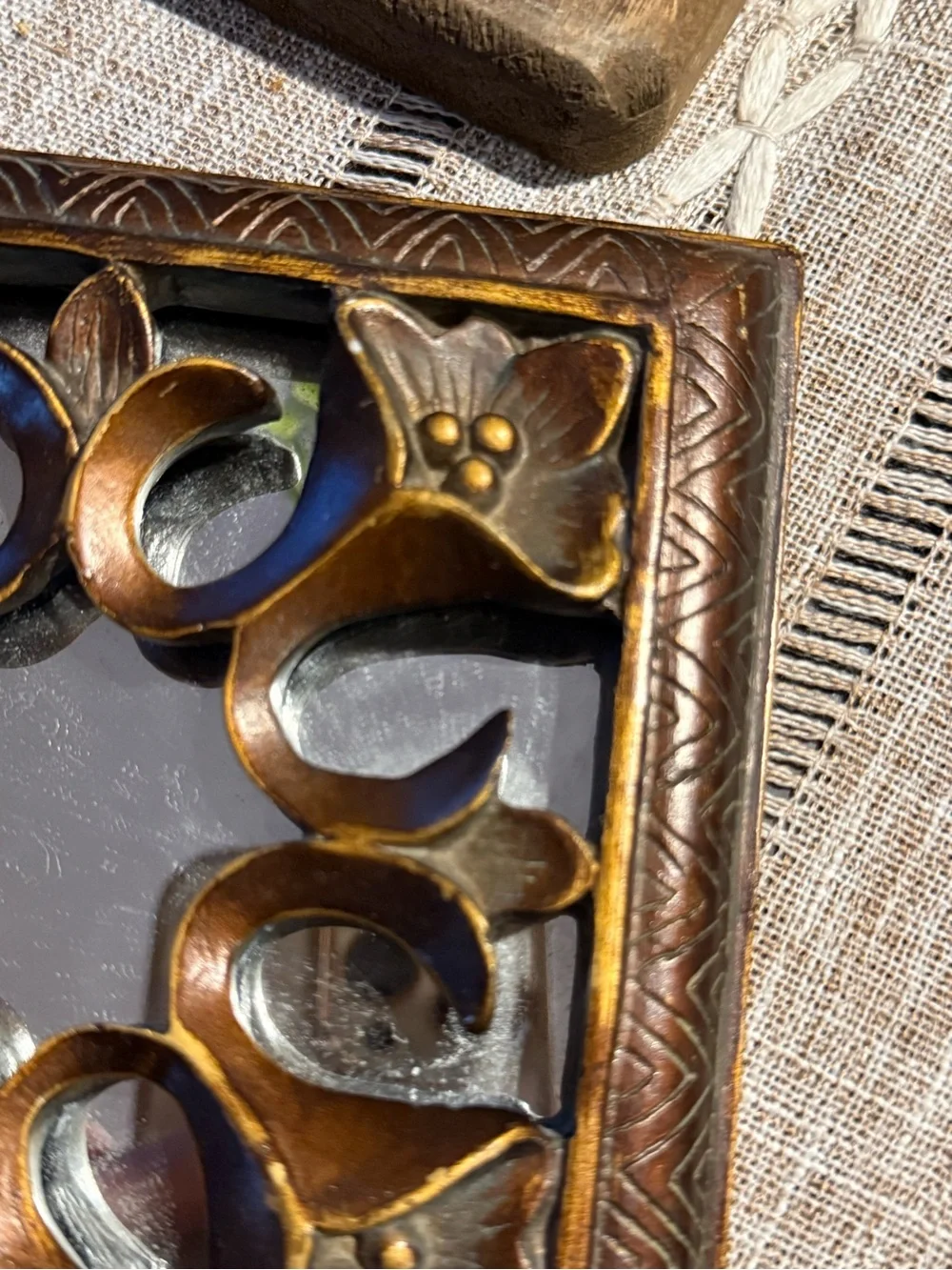 2-Bronze Color Mirrored Wall Plaques With Decorative Floral Scrollwork